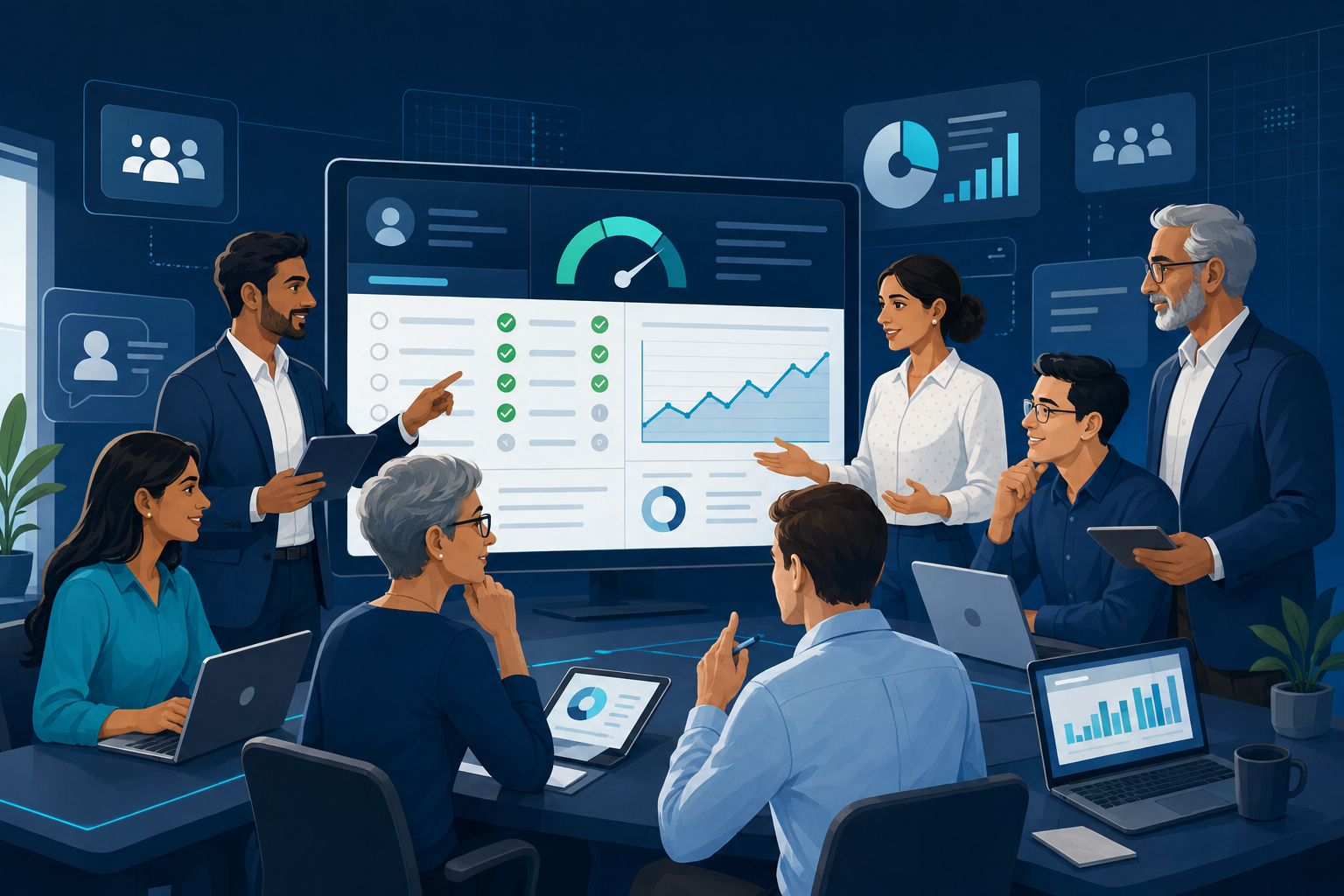 BPO quality, coaching and customer-experience professionals reviewing performance analytics